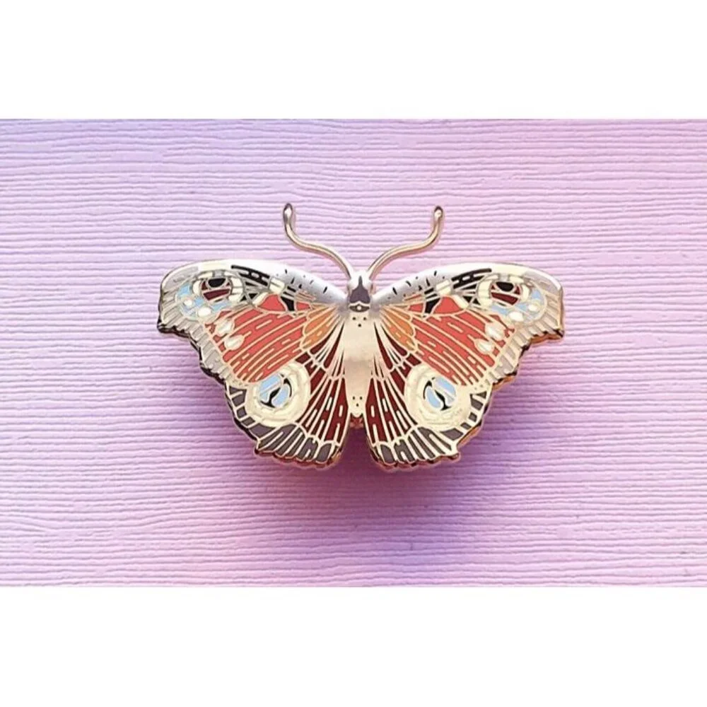European Peacock Butterfly Enamel Pin - Gold‎ Plated Nature Jewelry & Brooch